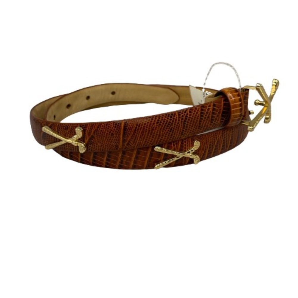 Vintage Womens Brown Italian Leather Gold Golf Club Detail Reversible Belt Sz XS